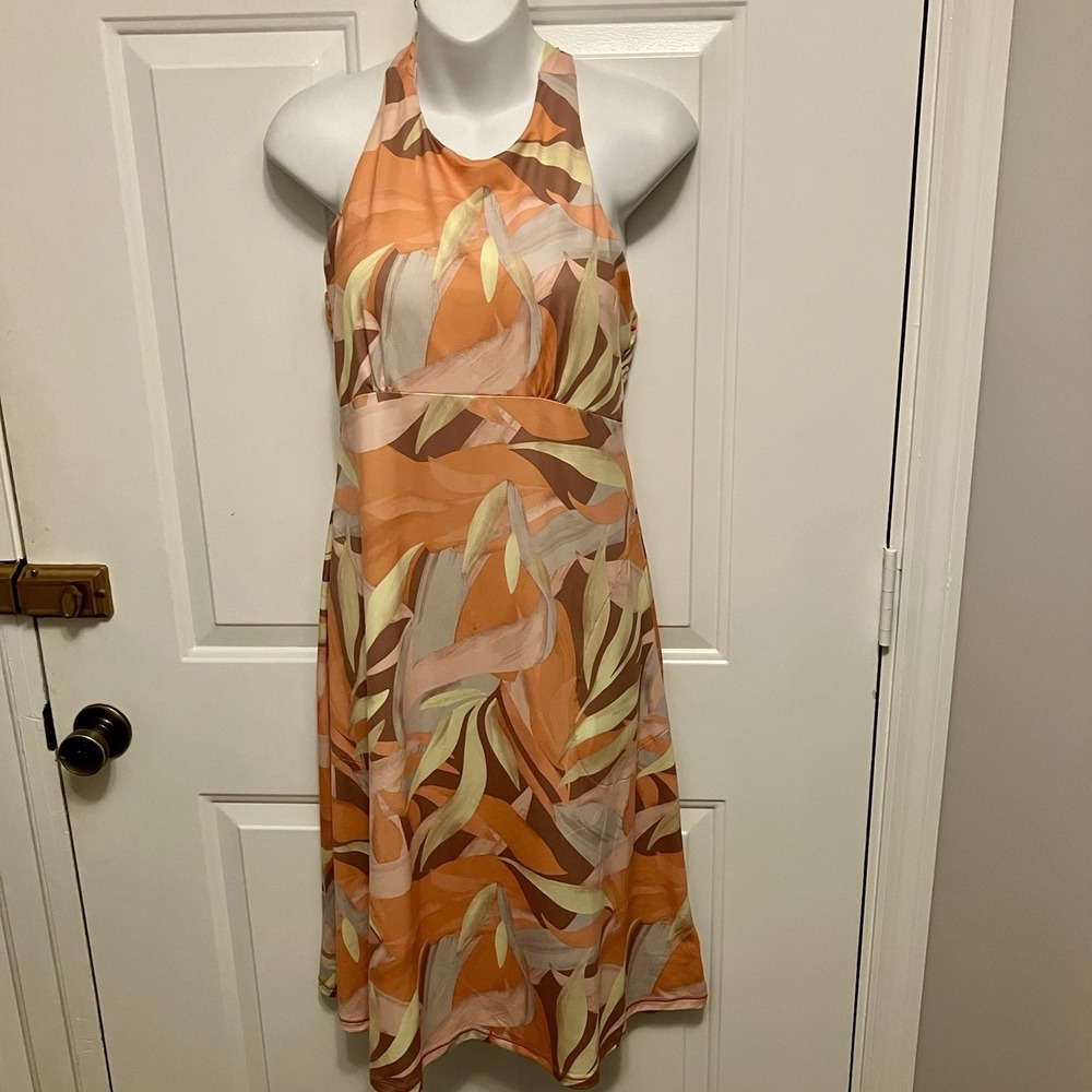 PrAna Size Medium Orange Yellow Solstice Tropical Ayla Padded Bra Halter Dress